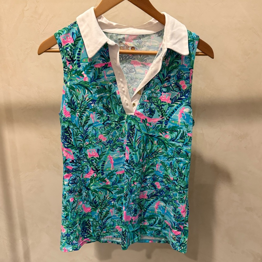 Lilly Pulitzer Sleeveless Tropical Print Blouse with White Collar